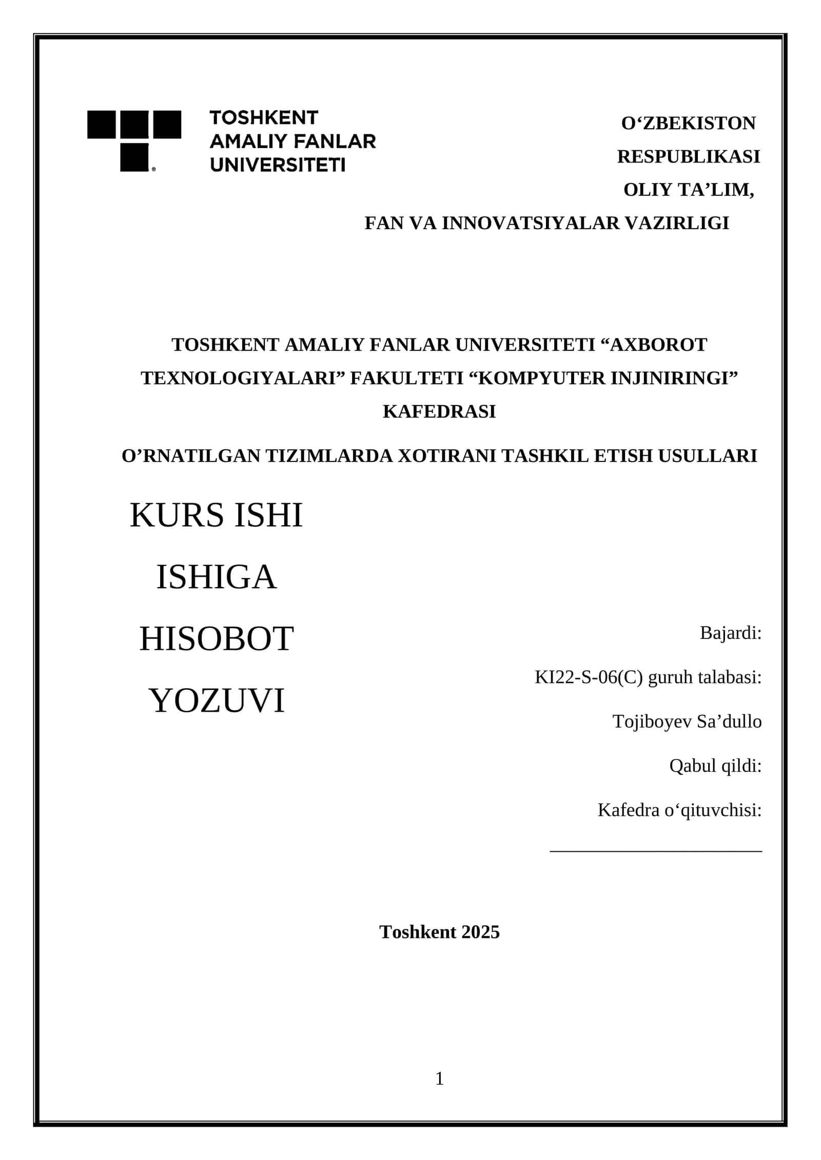 O‘RNATILGAN TIZIMLARDA XOTIRANI TASHKIL ETISH USULLARI 1