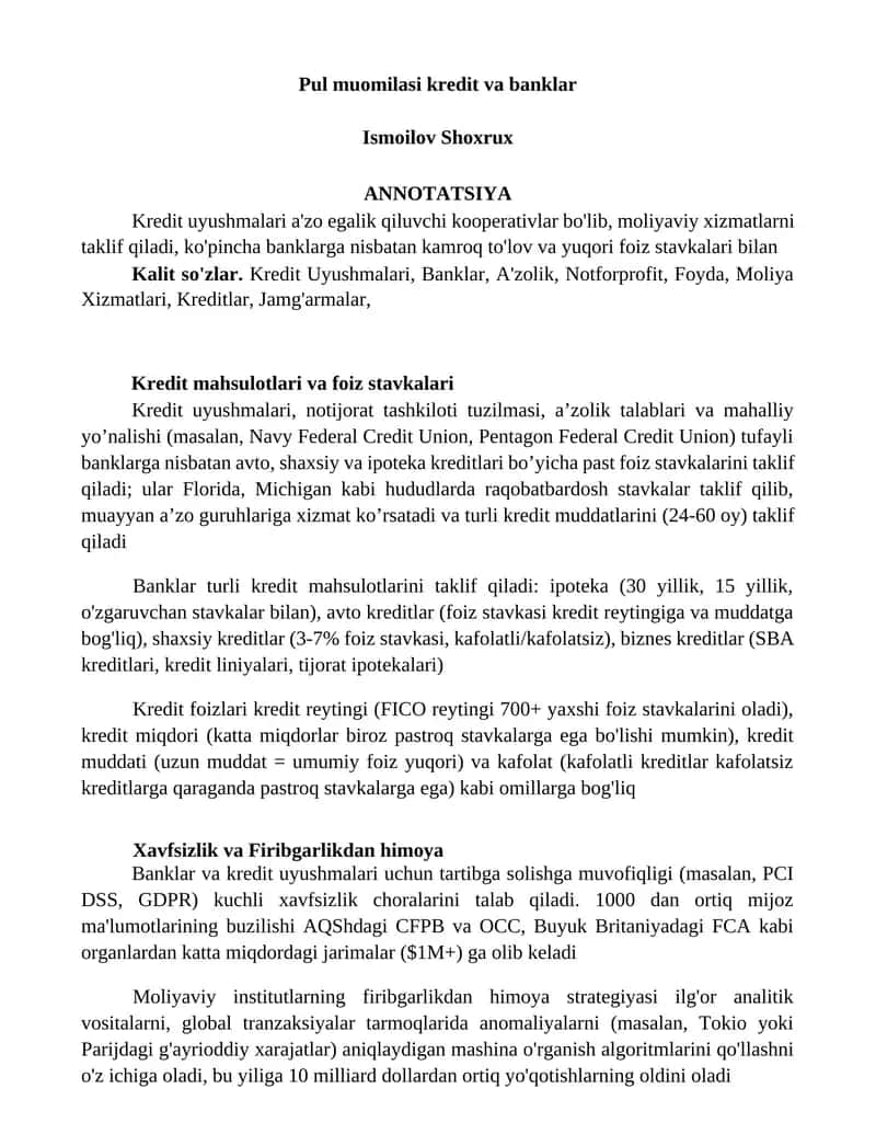 Kredit mahsulotlari va foiz stavkalari 1
