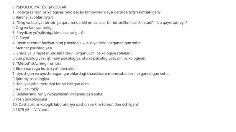 PSIXOLOGIYA TEST JAVOBLARI 1