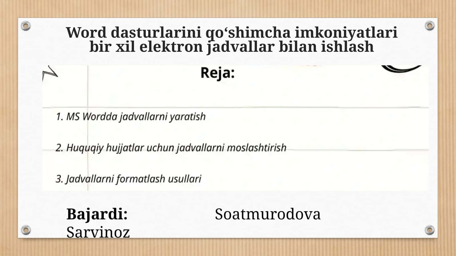 Word dasturlarini qoʻshimcha imkoniyatlari bir xil elektron jadvallar bilan ishlash 1