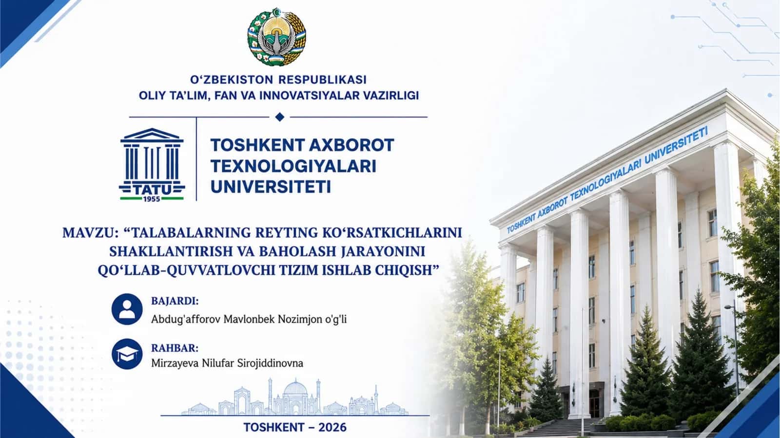 Talabalarning reyting koʻrsatkichlarini shakllantirish va baholash jarayonini qoʻllab quvvatlovchi tizim ishlab chiqish 1
