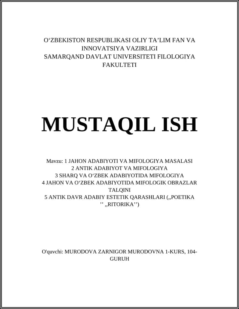 JAHON ADABIYOTI VA MIFOLOGIYA MASALASI 1