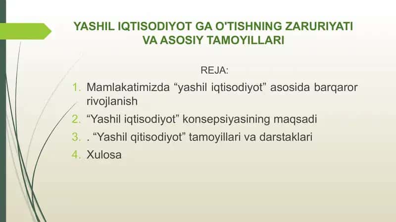 YASHIL IQTISODIYOT GA O'TISHNING ZARURIYATI VA ASOSIY TAMOYILLARI 1