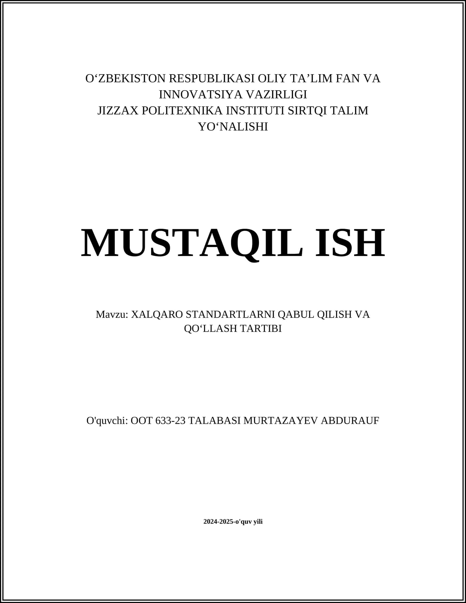 Xalqaro Standartlarni Qabul Qilish va Qo'llash Tartibi 1