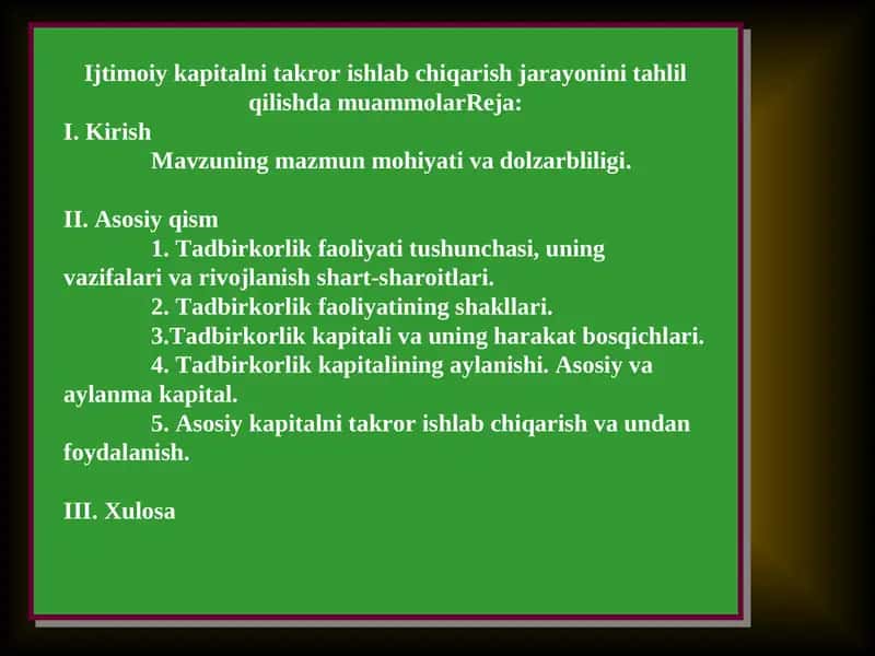 Ijtimoiy kapitalni takror ishlab chiqarish jarayonini tahlil qilish 1