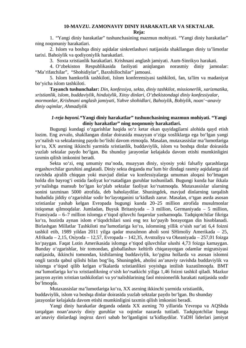 ZAMONAVIY DINIY HARAKATLAR VA SEKTALAR 1