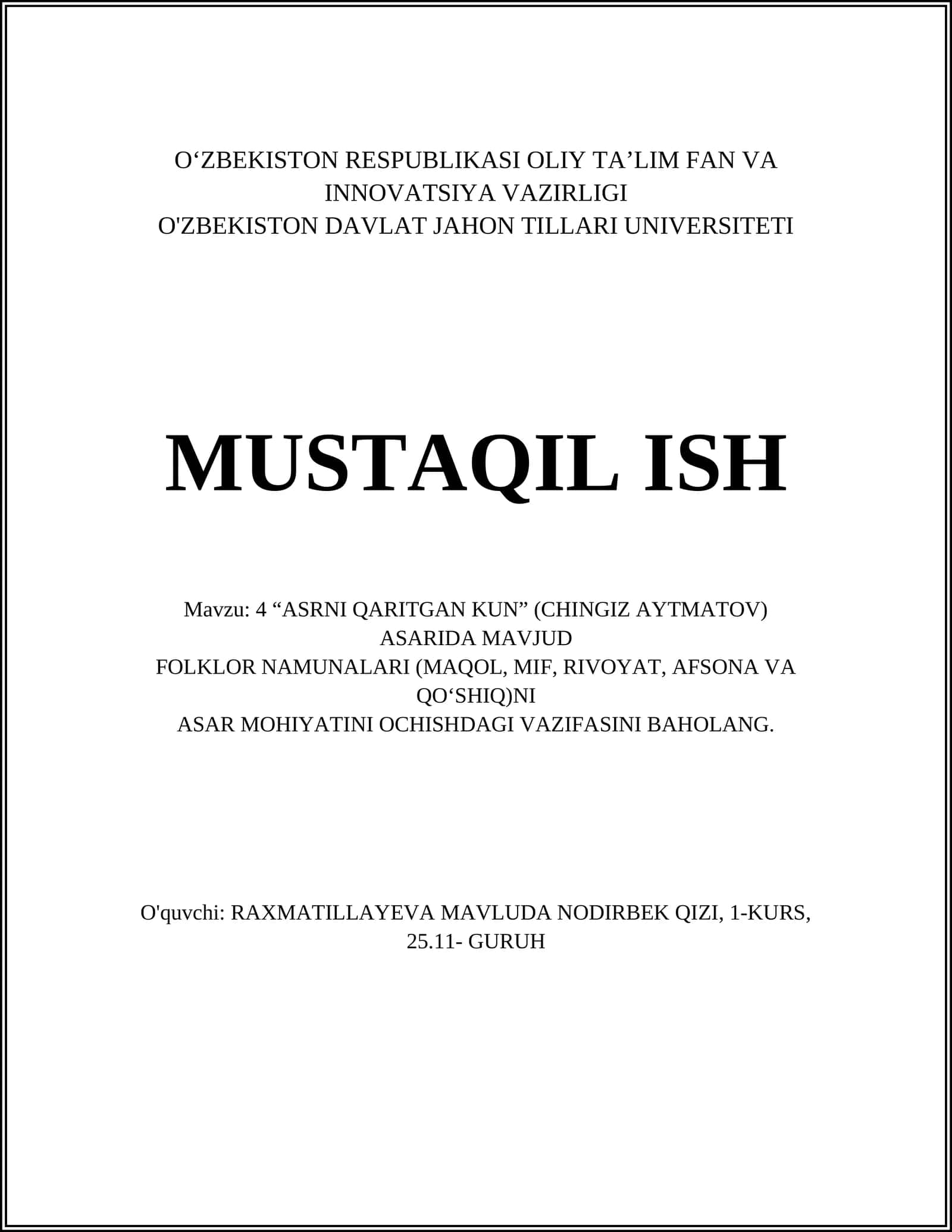 4 "ASRNI QARITGAN KUN" (CHINGIZ AYTMATOV) ASARIDA MAVJUD FOLKLOR NAMUNALARI 1