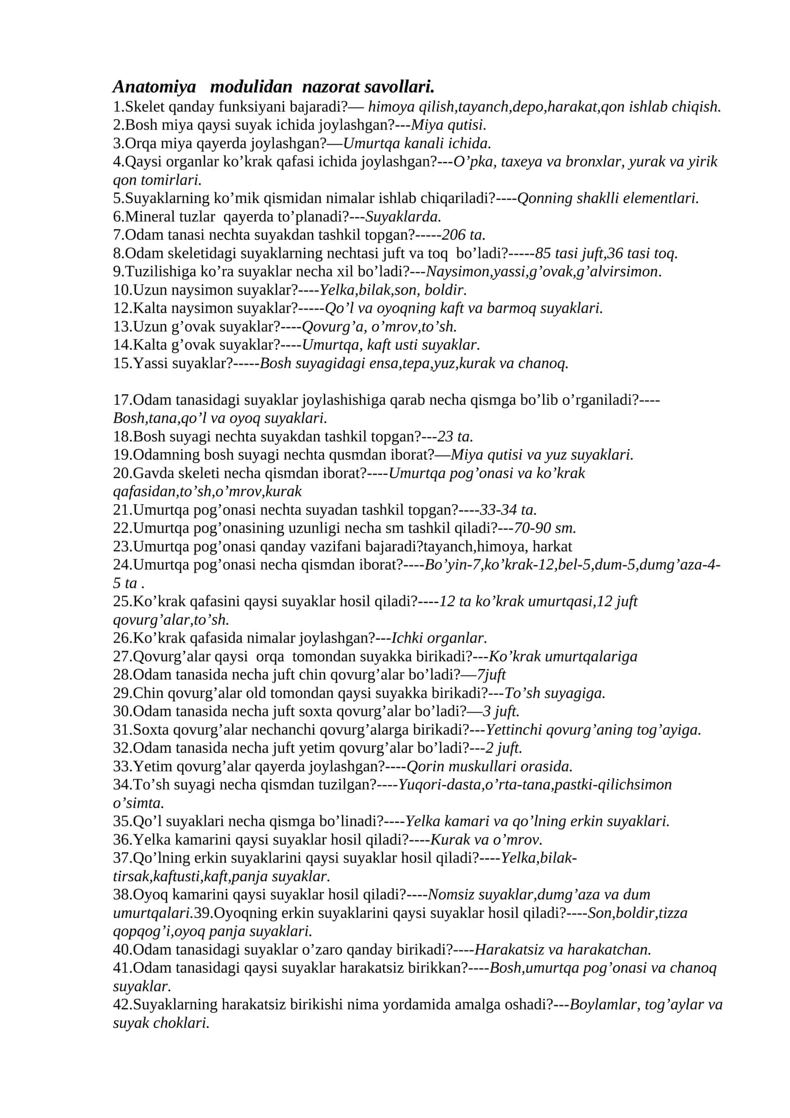 Anatomiya modulidan nazorat savollari 1