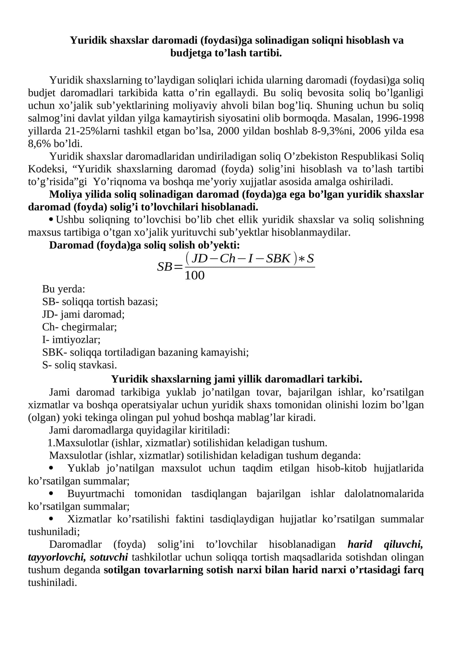 Yuridik shaxslar daromadi (foydasi)ga solinadigan soliqni hisoblash va budjetga to’lash tartibi 1