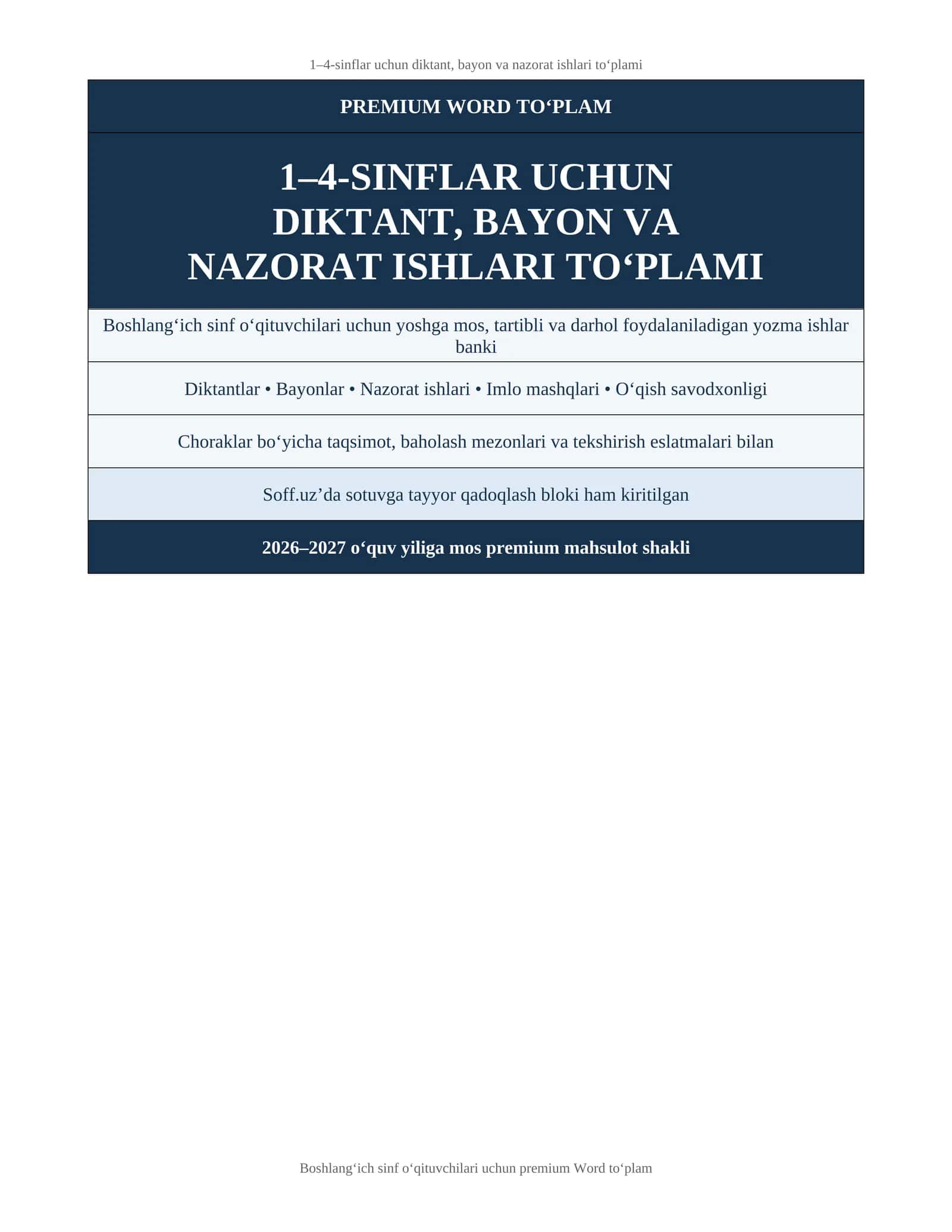 1–4-sinflar uchun diktant, bayon va nazorat ishlari to‘plami 1