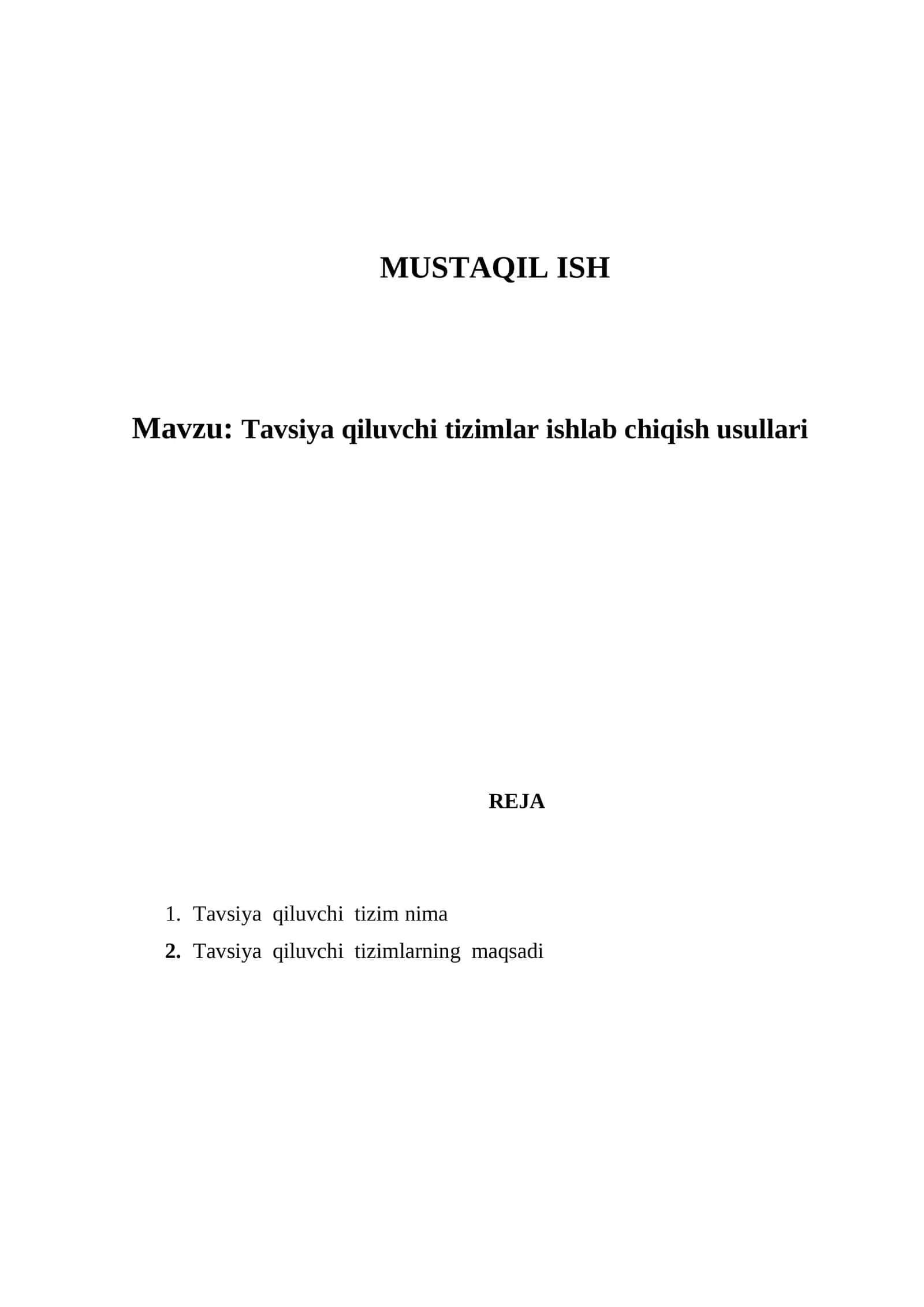 Tavsiya qiluvchi tizimlar ishlab chiqish usullari 1