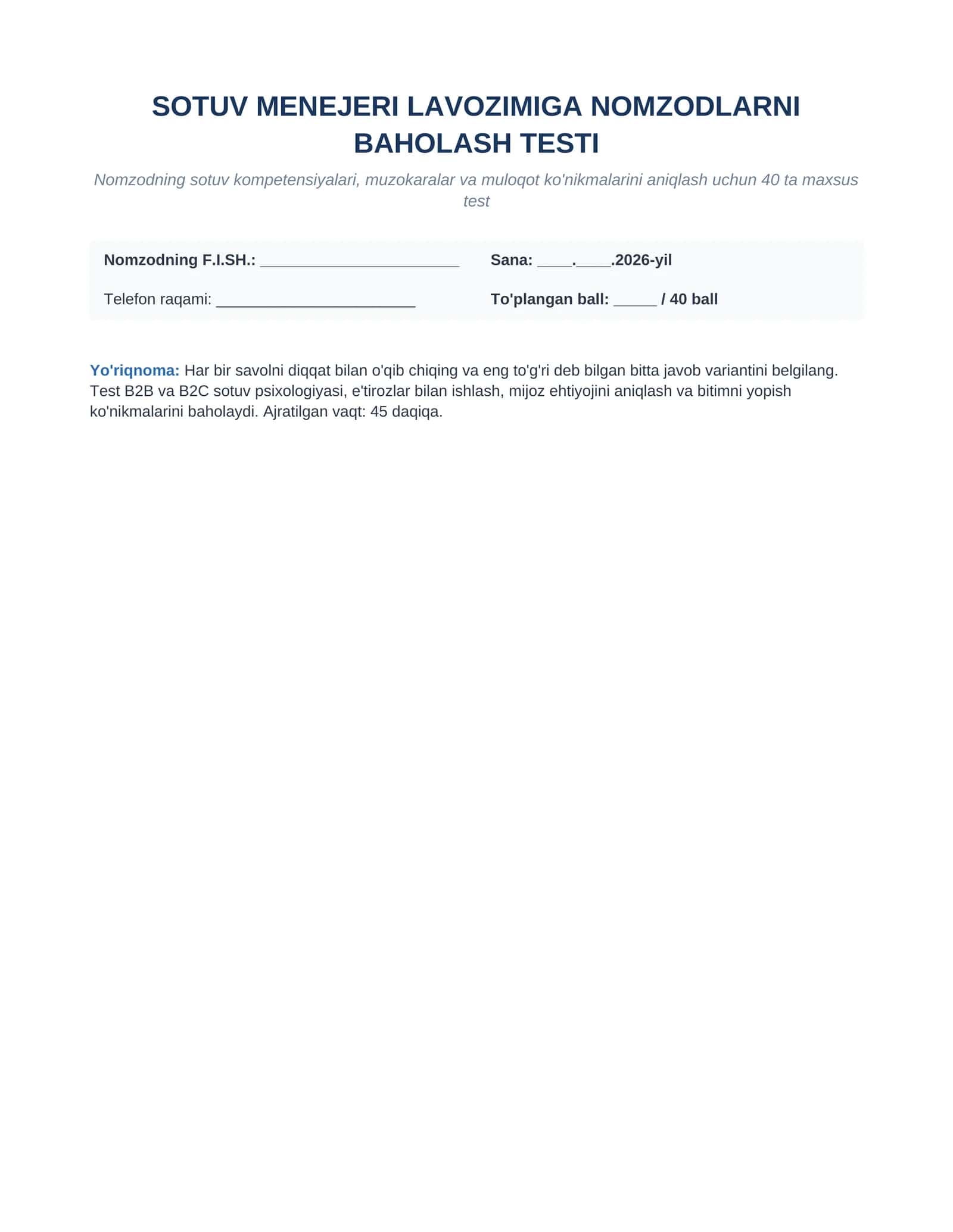 SOTUV MENEJERI LAVOZIMIGA NOMZODLARNI  BAHOLASH TESTI 1