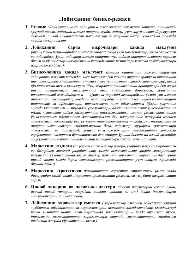 Biznes-lohiyaning boshlang'ich rejasi 1