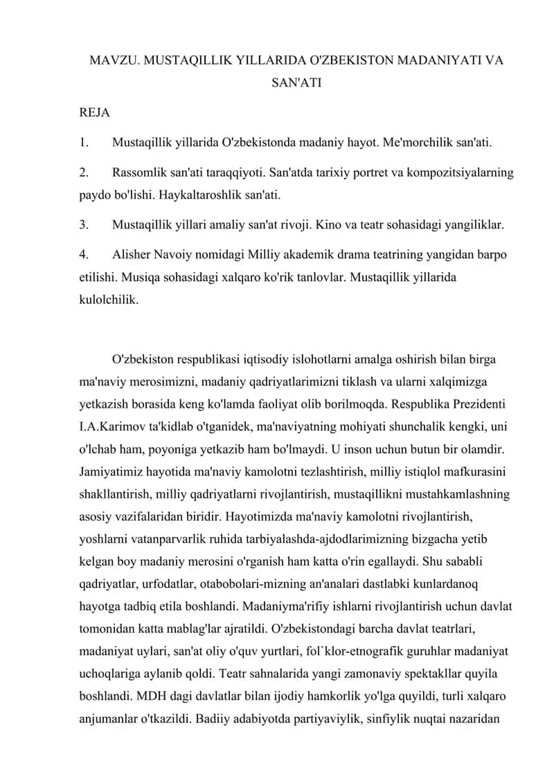 MUSTAQILLIK YILLARIDA O'ZBEKISTON MADANIYATI VA SAN'ATI 1
