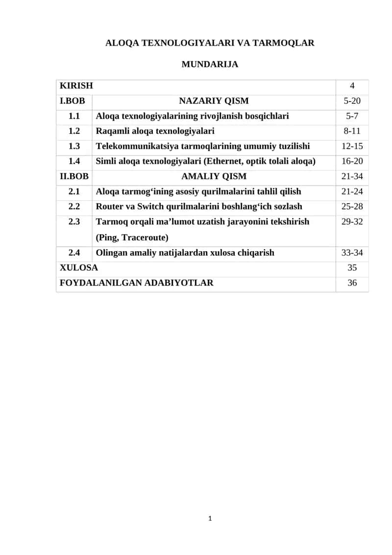 ALOQA TEXNOLOGIYALARI VA TARMOQLAR 1