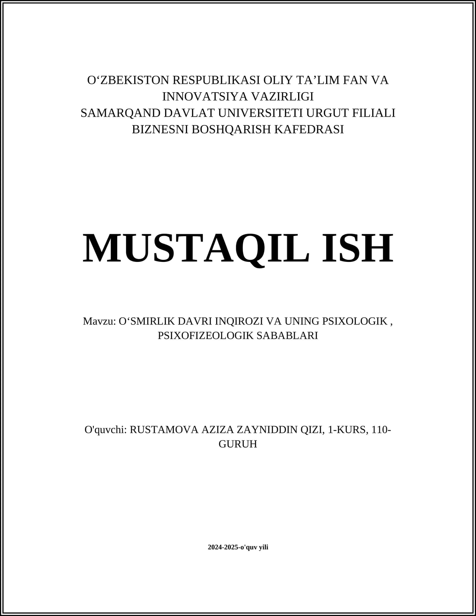 O‘SMIRLIK DAVRI INQIROZI VA UNING PSIXOLOGIK, PSIXOFIZEOLOGIK SABABLARI 1