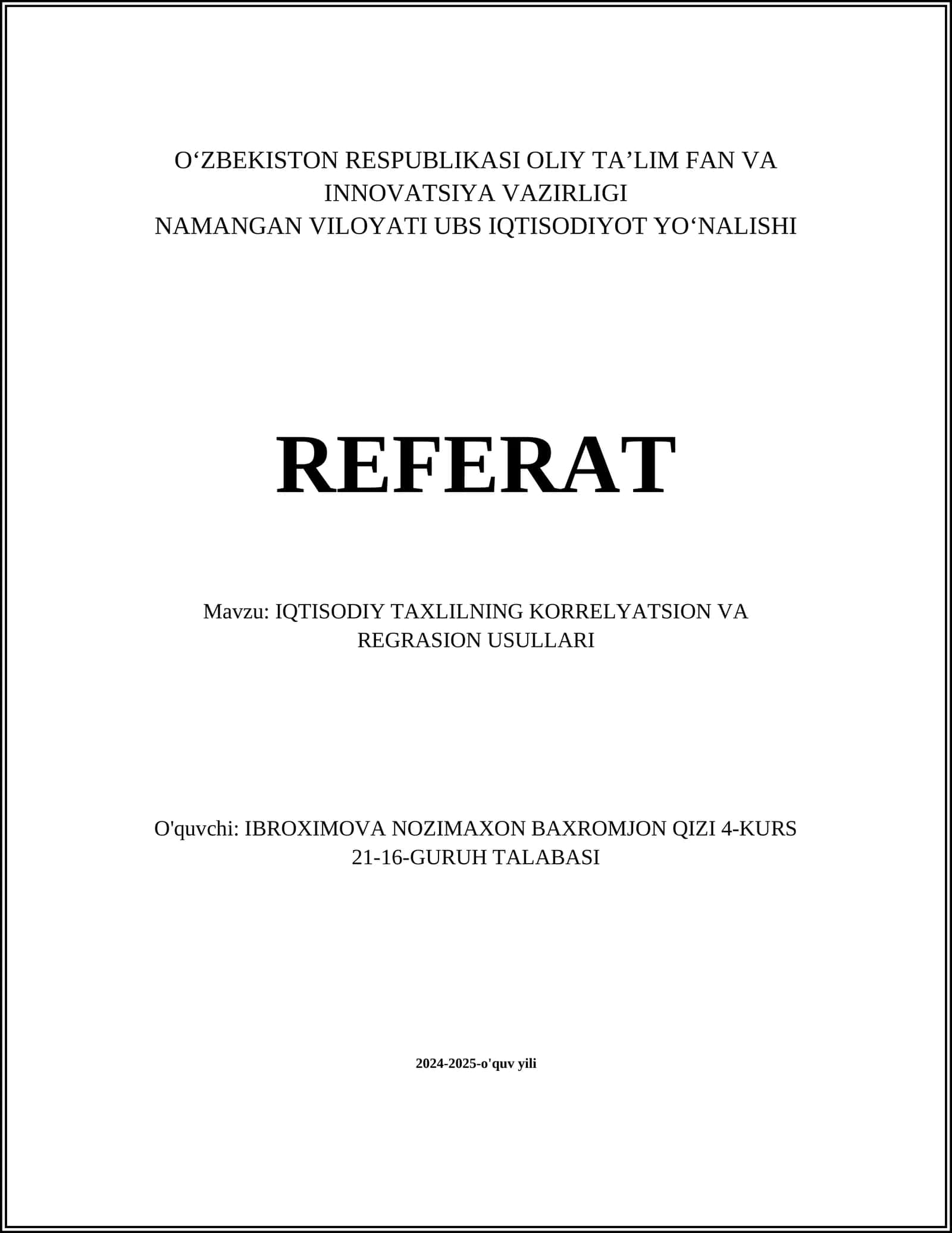 IQTISODIY TAXLILNING KORRELYATSION VA REGRASION USULLARI 1