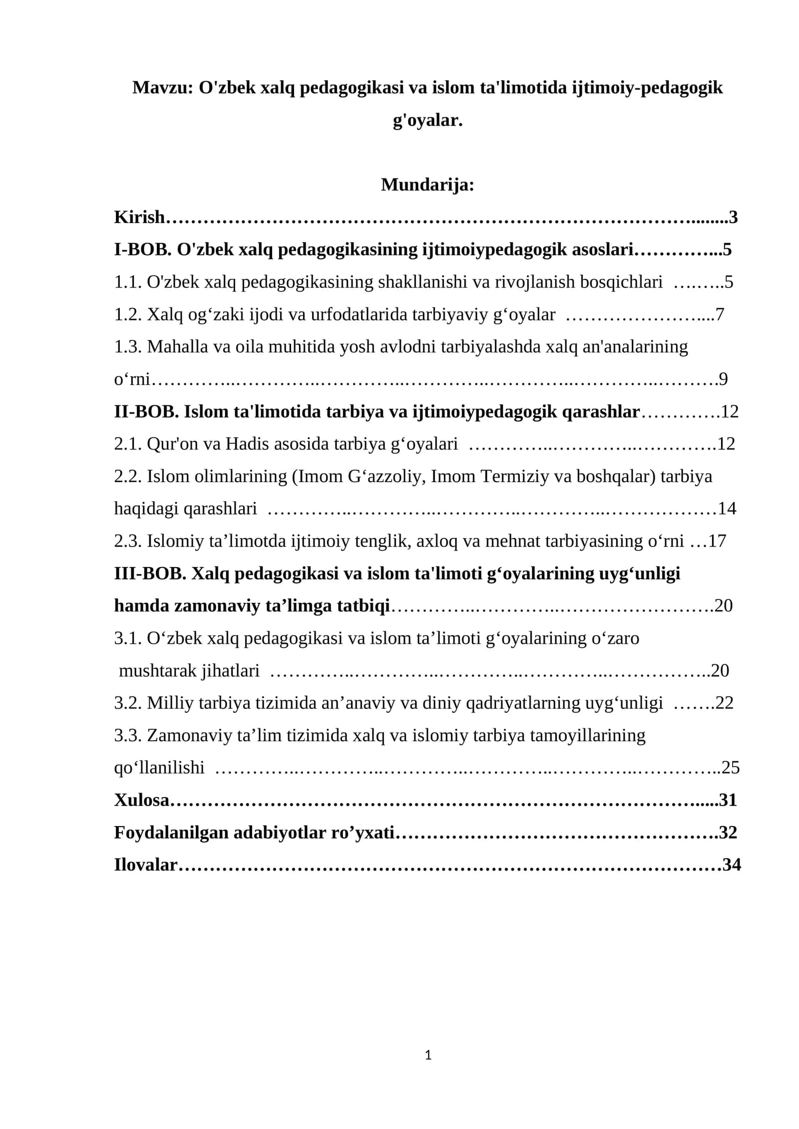 O'zbek xalq pedagogikasi va islom ta'limotida ijtimoiy-pedagogik g'oyalar. 1
