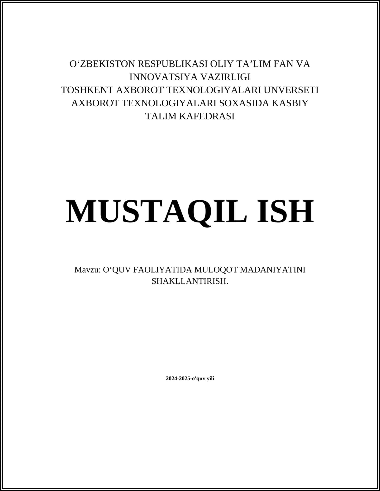 O‘QUV FAOLIYATIDA MULOQOT MADANIYATINI SHAKLLANTIRISH 1