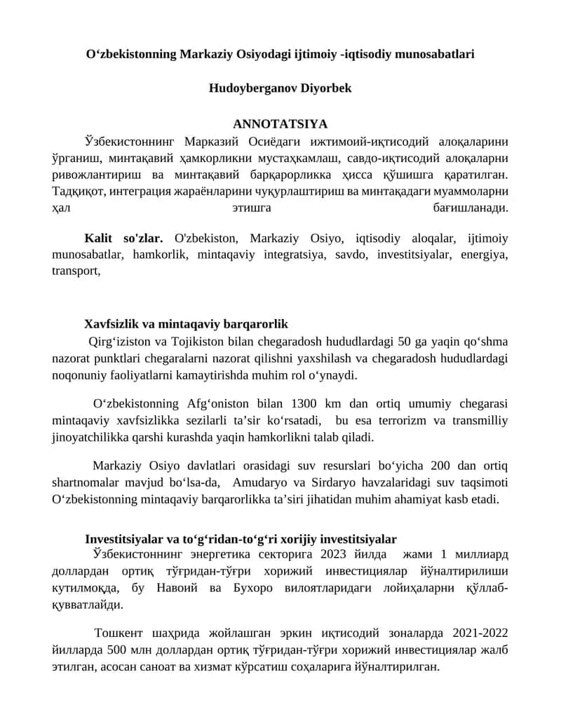 Oʻzbekistonning Markaziy Osiyodagi ijtimoiy-iqtisodiy munosabatlari 1
