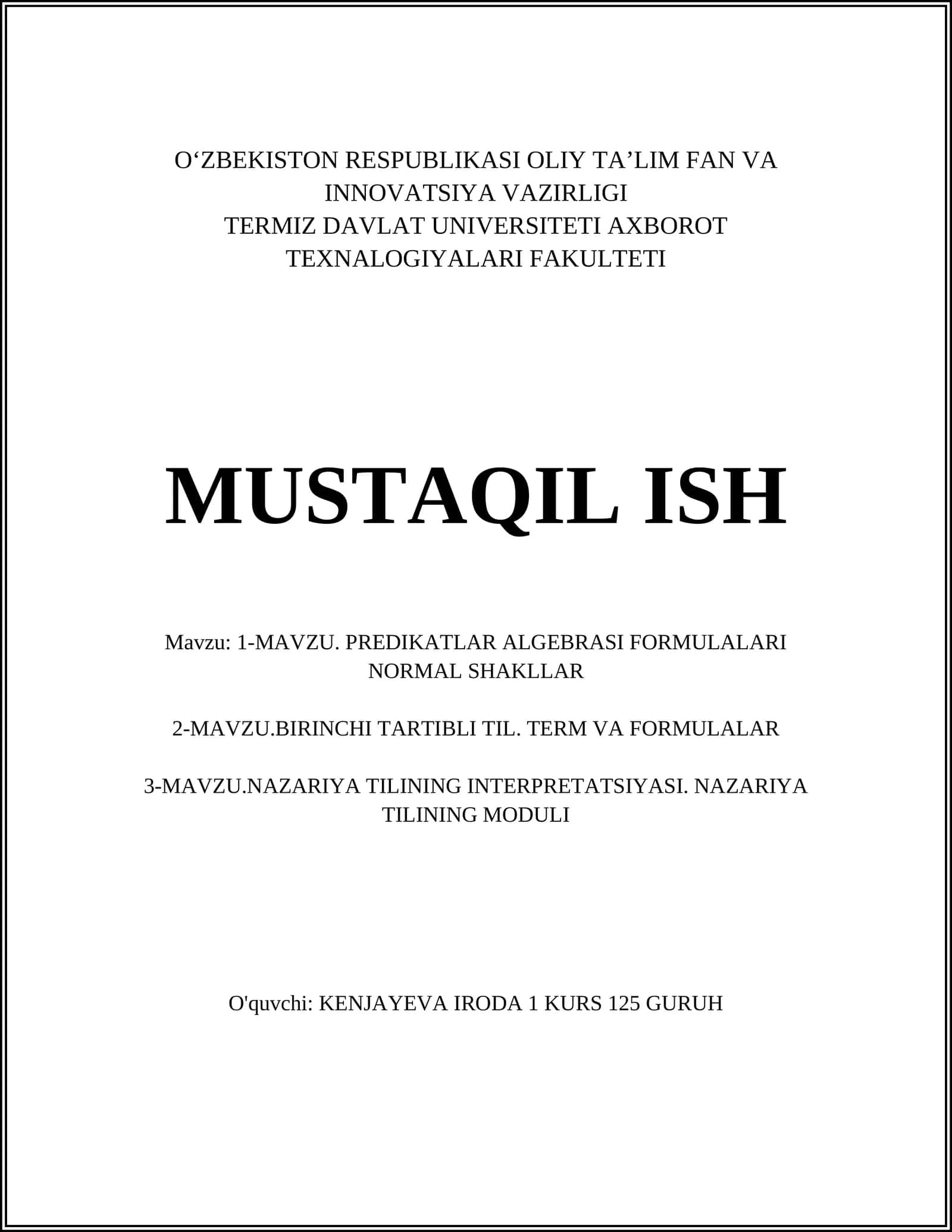 Predikatlar algebrasi: asosiy tushunchalar va predikatlar aristasi 1
