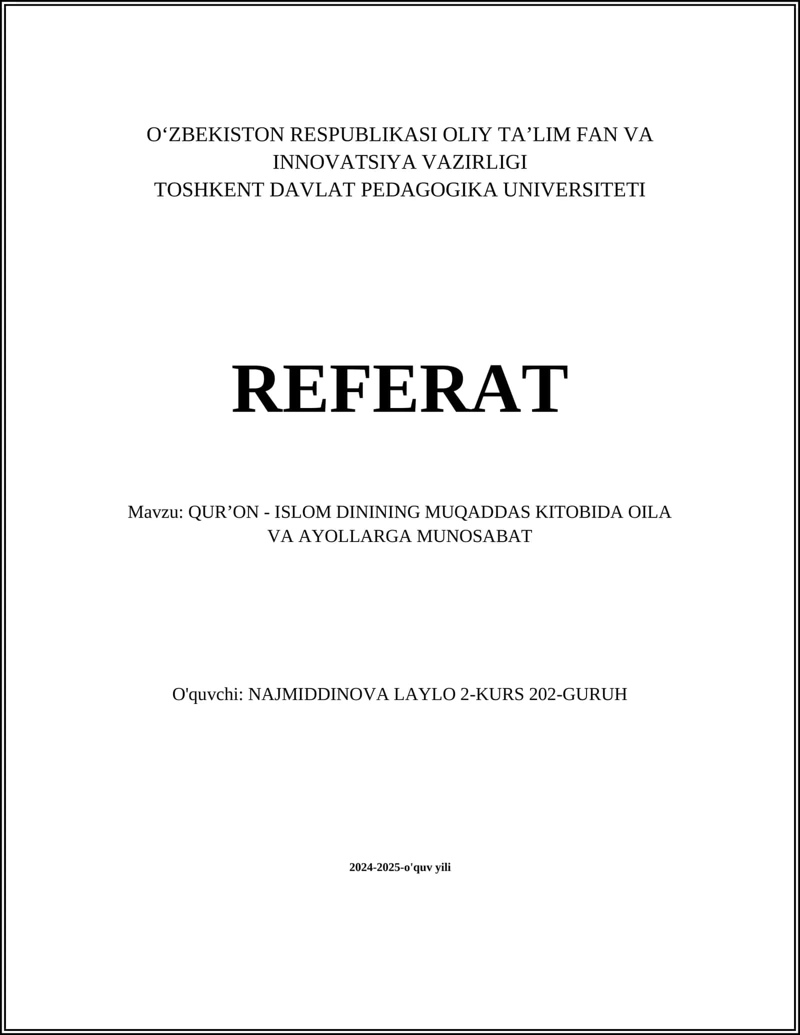 QURʼON - ISLOM DININING MUQADDAS KITOBIDA OILA VA AYOLLARGA MUNOSABAT 1