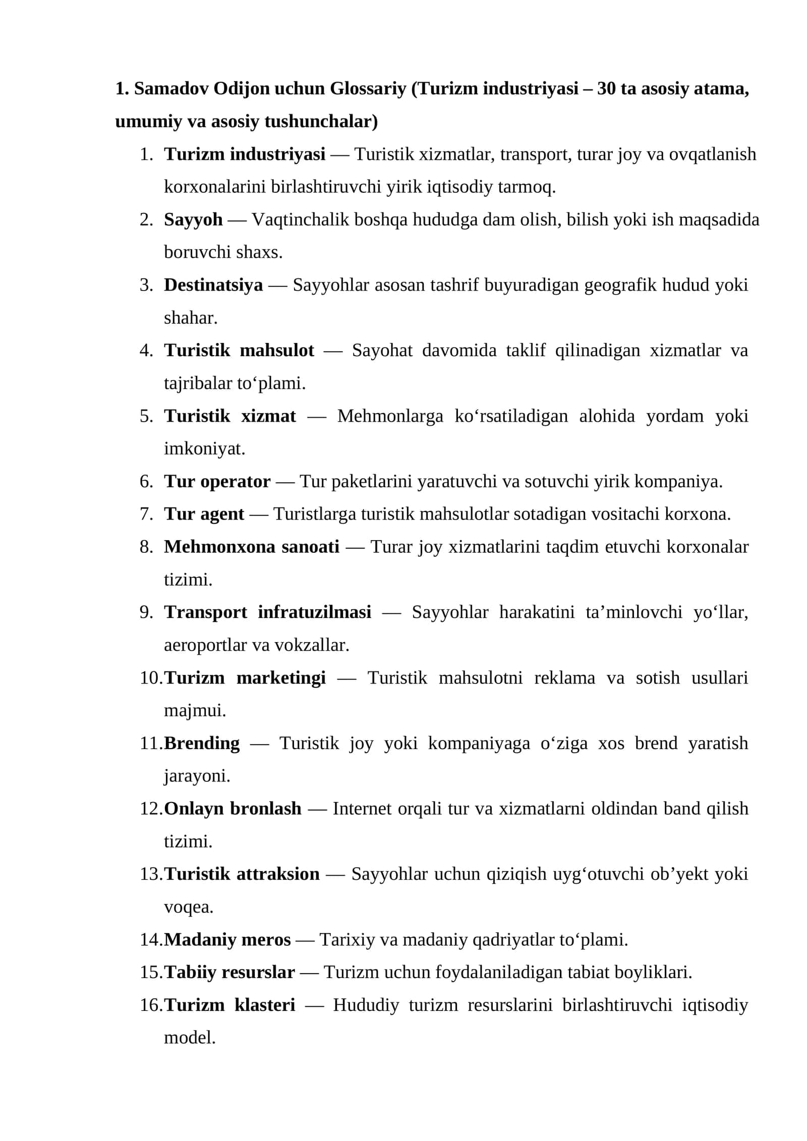 Glossariy (Turizm industriyasi – 30 ta asosiy atama, umumiy va asosiy tushunchalar) 1