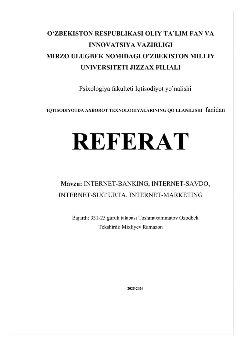 INTERNET-BANKING, INTERNET-SAVDO, INTERNET-SUG‘URTA, INTERNET-MARKETING. 1