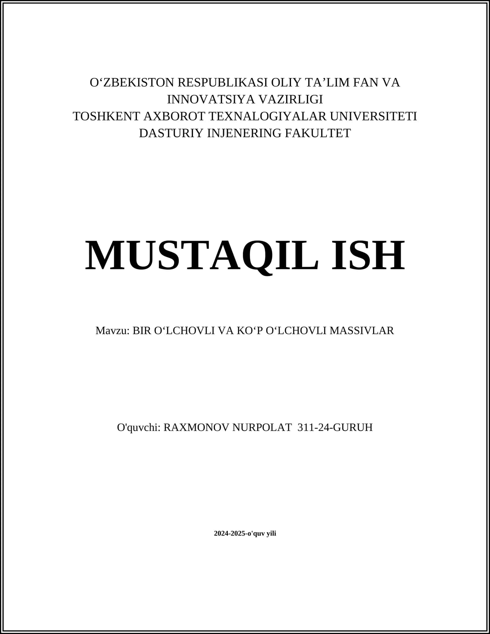 BIR O‘LCHOVLI VA KO‘P O‘LCHOVLI MASSIVLAR 1