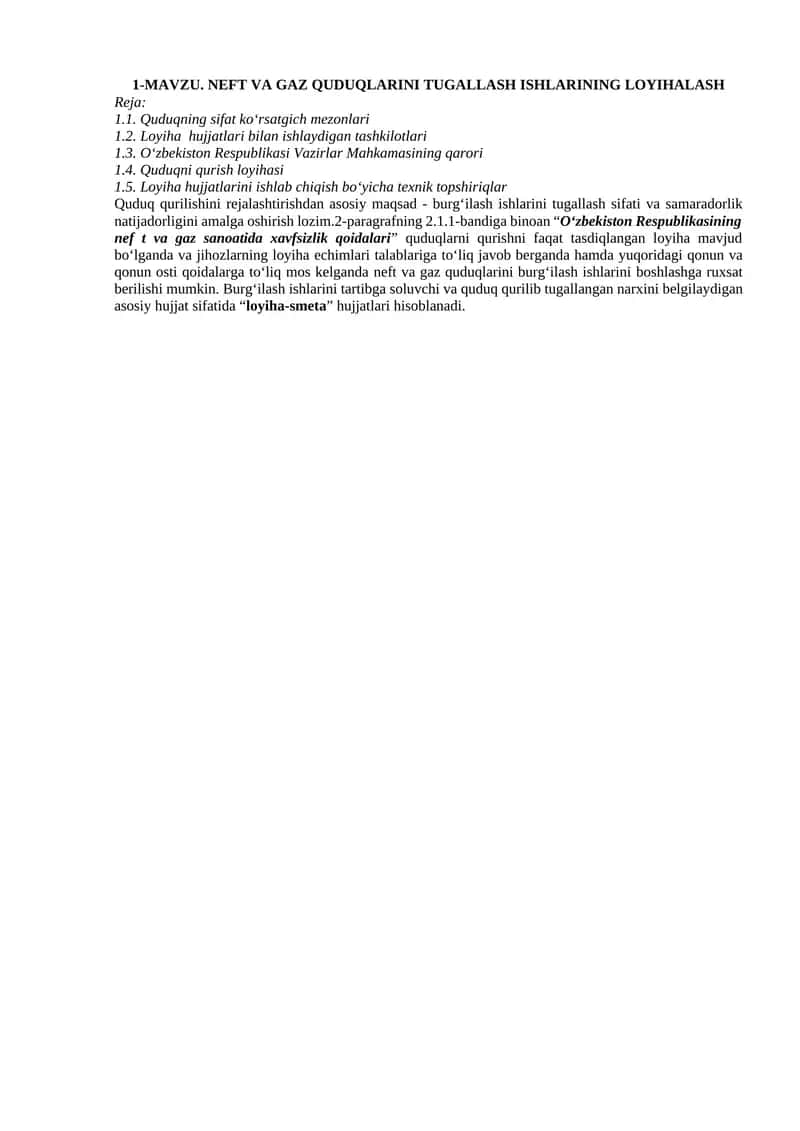NEFT VA GAZ QUDUQLARINI TUGALLASH ISHLARINING LOYIHALASH 1