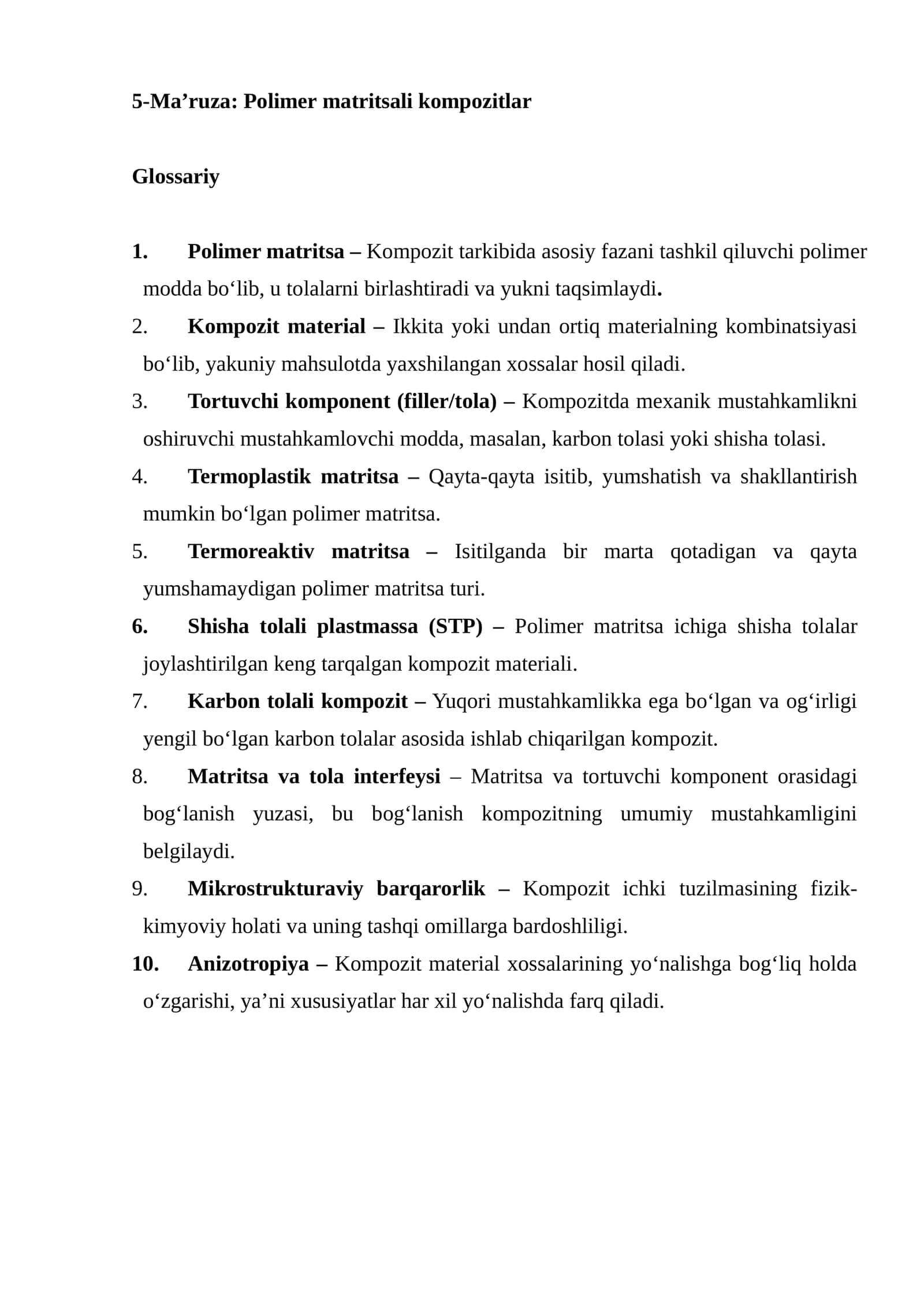 5-Ma’ruza: Polimer matritsali kompozitlar 1