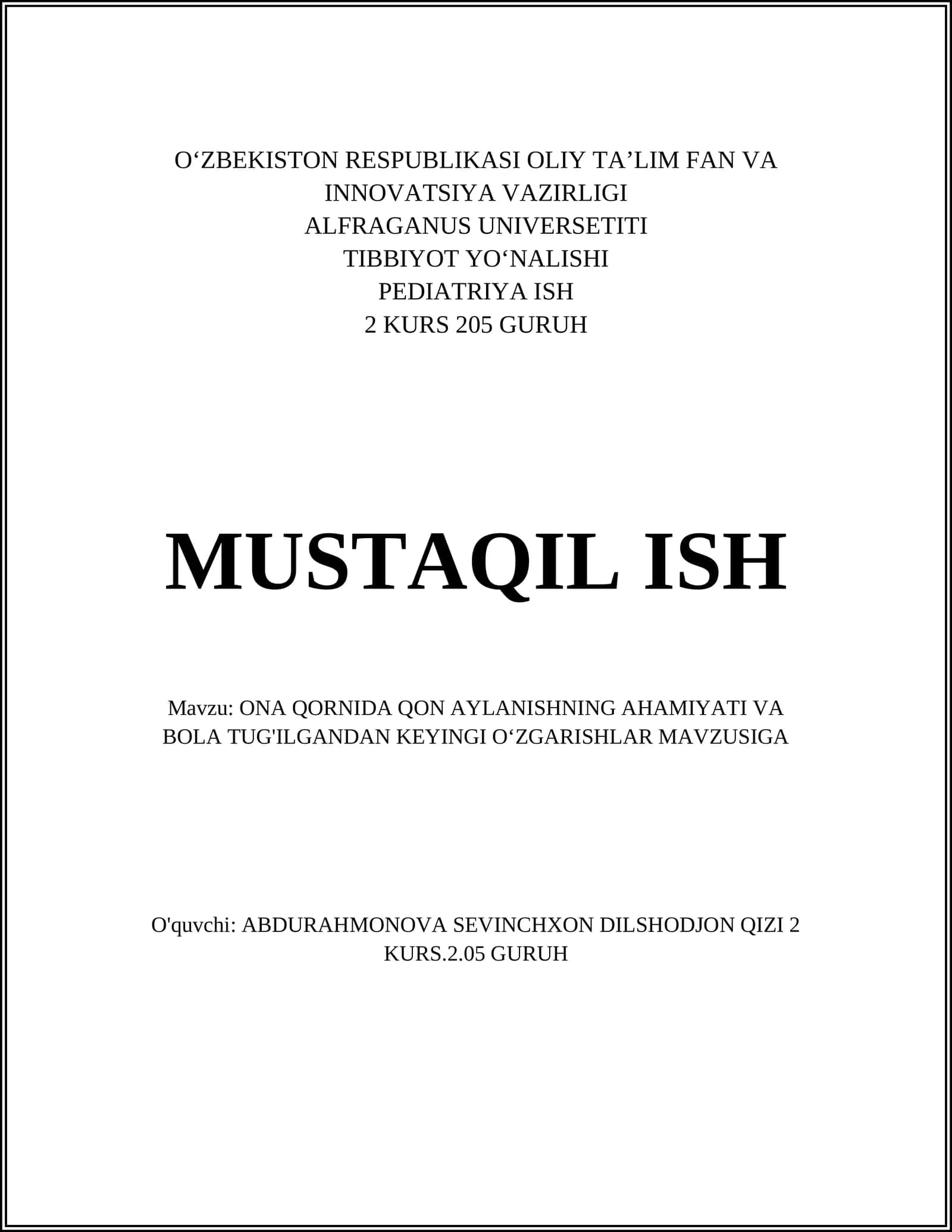 ONA QORNIDA QON AYLANISHNING AHAMIYATI VA BOLA TUG'ILGANDAN KEYINGI OʻZGARISHLAR 1