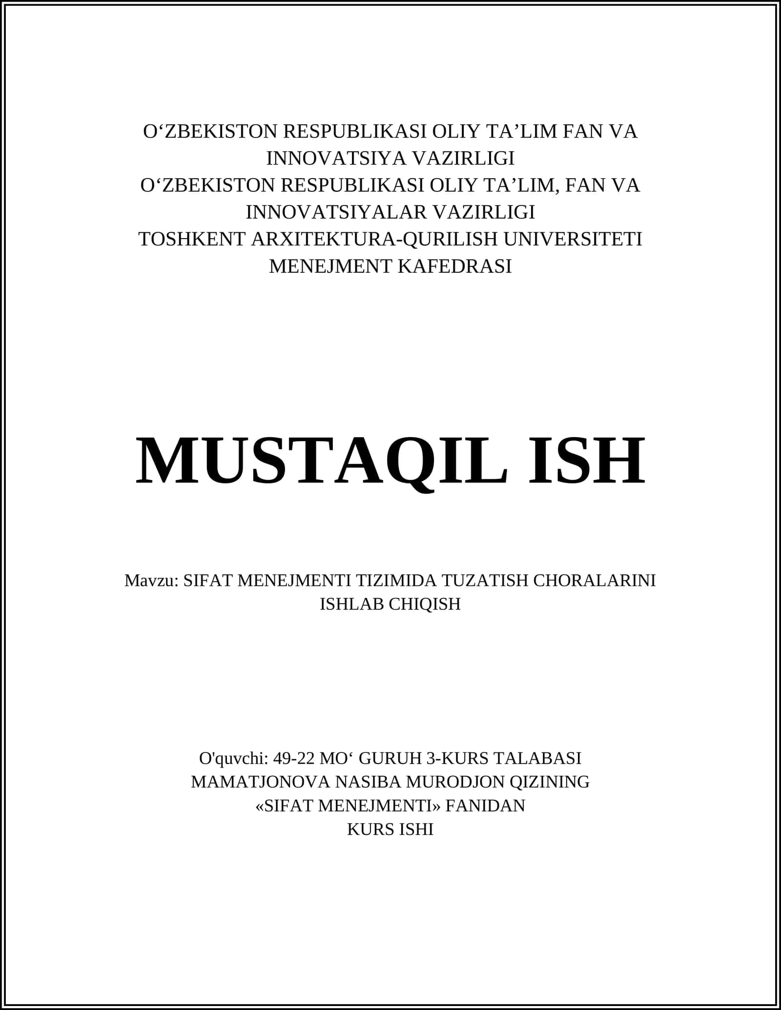 SIFAT MENEJMENTI TIZIMIDA TUZATISH CHORALARINI ISHLAB CHIQISH 1