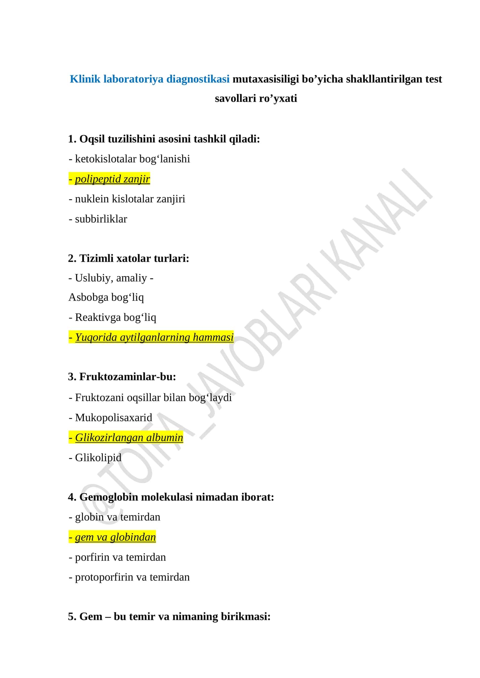 Klinik laboratoriya diagnostikasi mutaxasisiligi bo’yicha test savol javoblari bilan 1