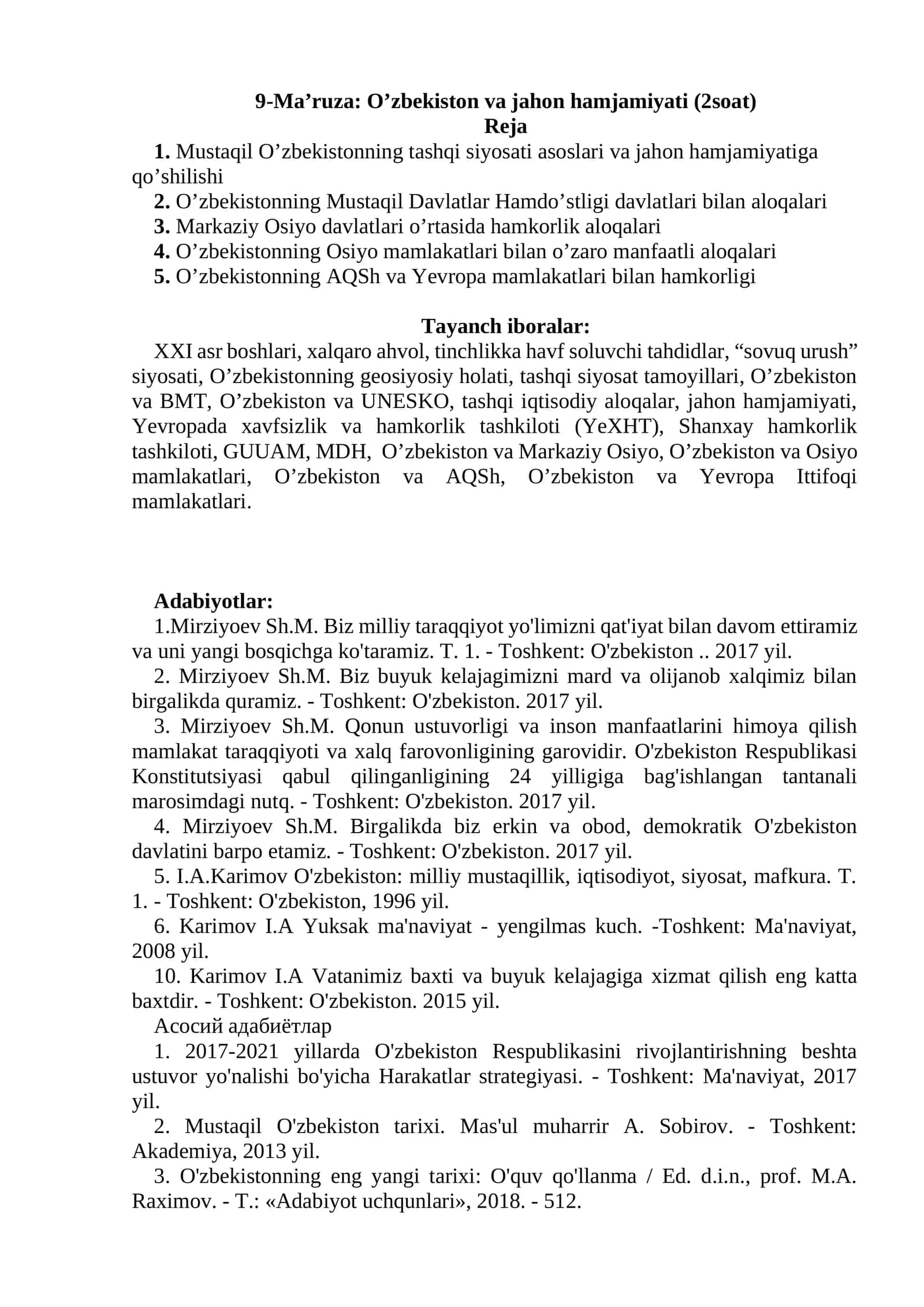 9-Ma’ruza: O’zbekiston va jahon hamjamiyati (2soat) 1