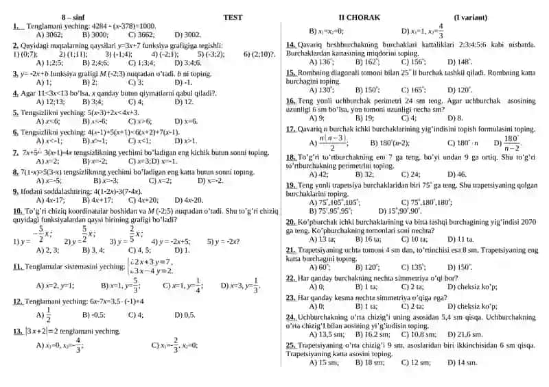 8-sinf matematika fanidan test (II variantli