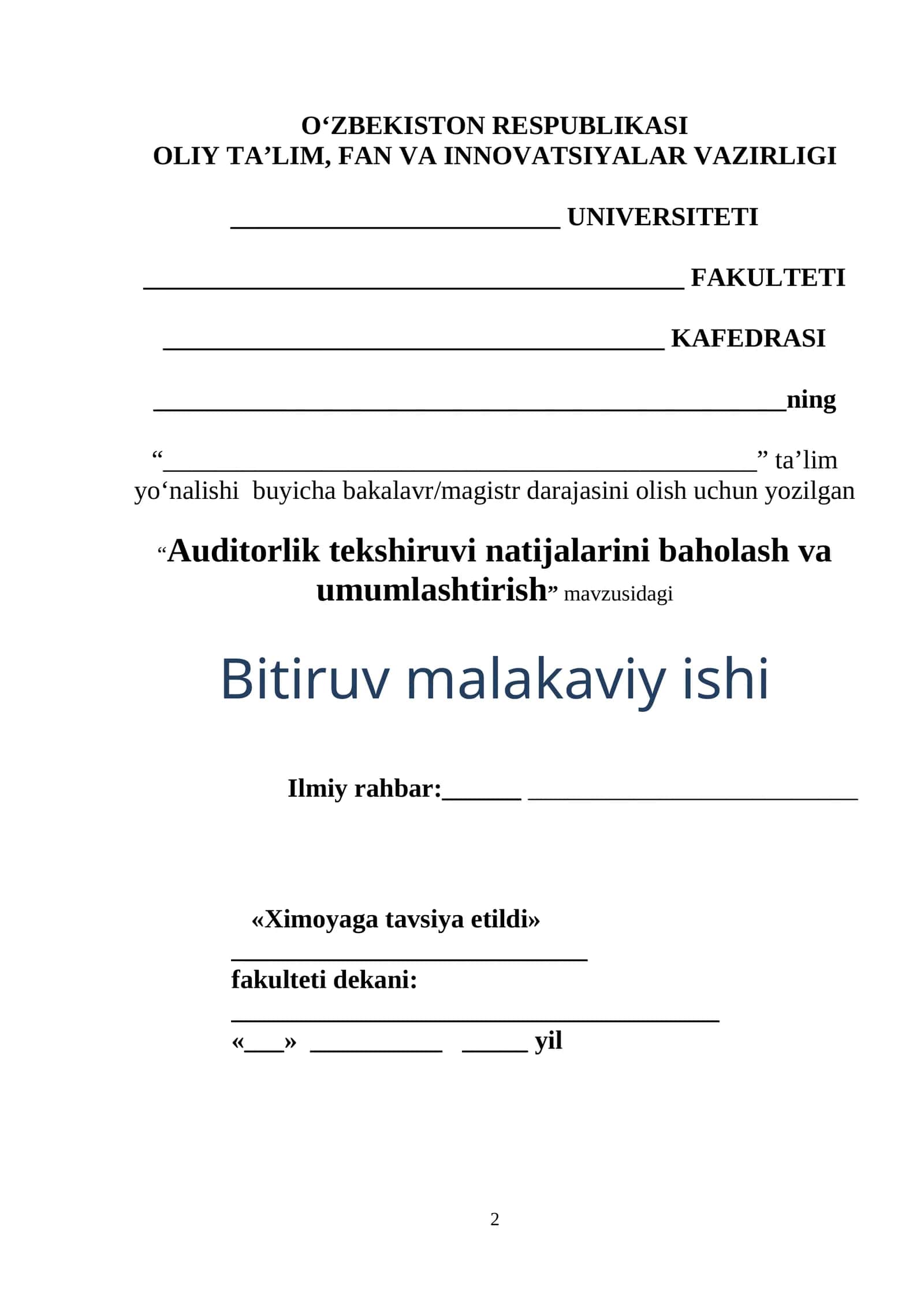 Auditorlik tekshiruvi natijalarini baholash va umumlashtirish 1
