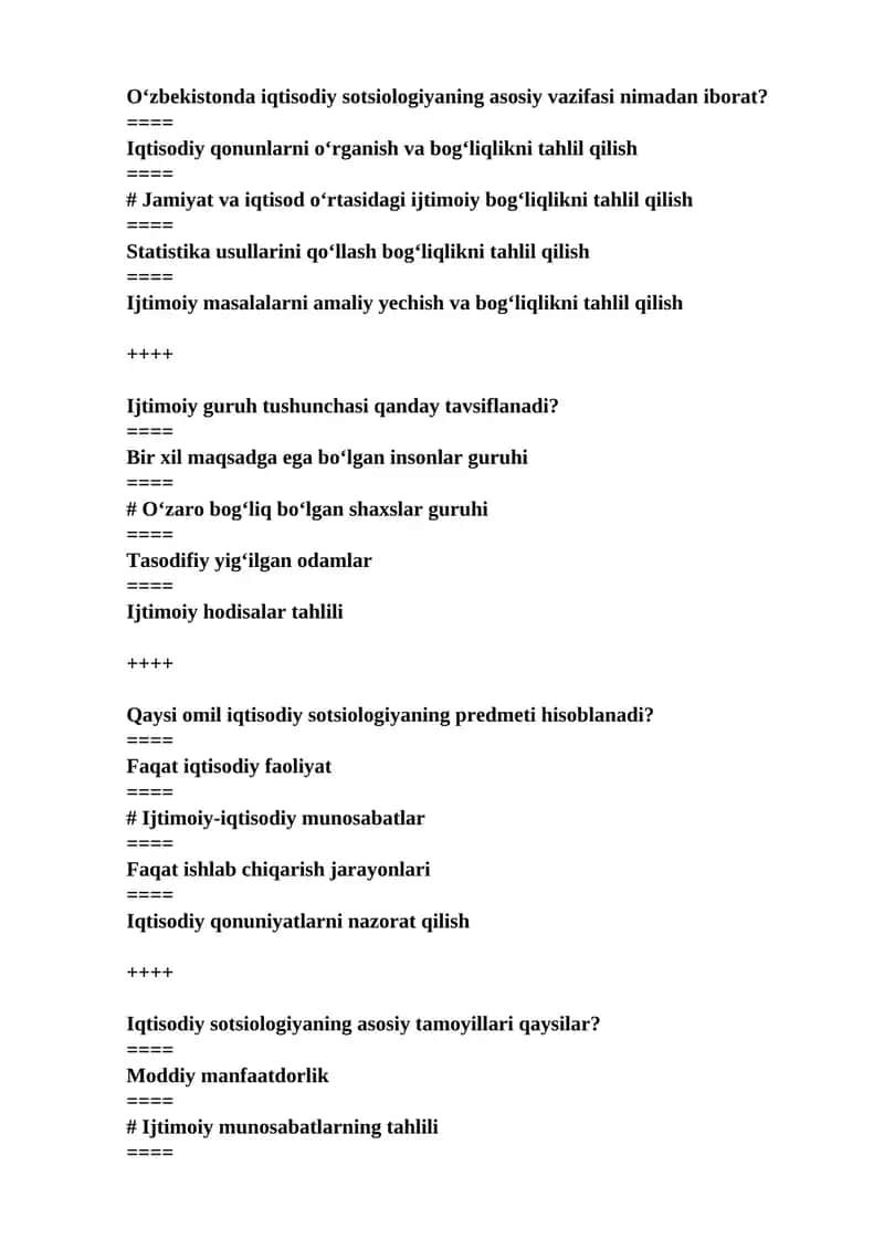 Iqtisodiy sotsiologiya fanidan yakuniy test savollari javoblari bilan 1