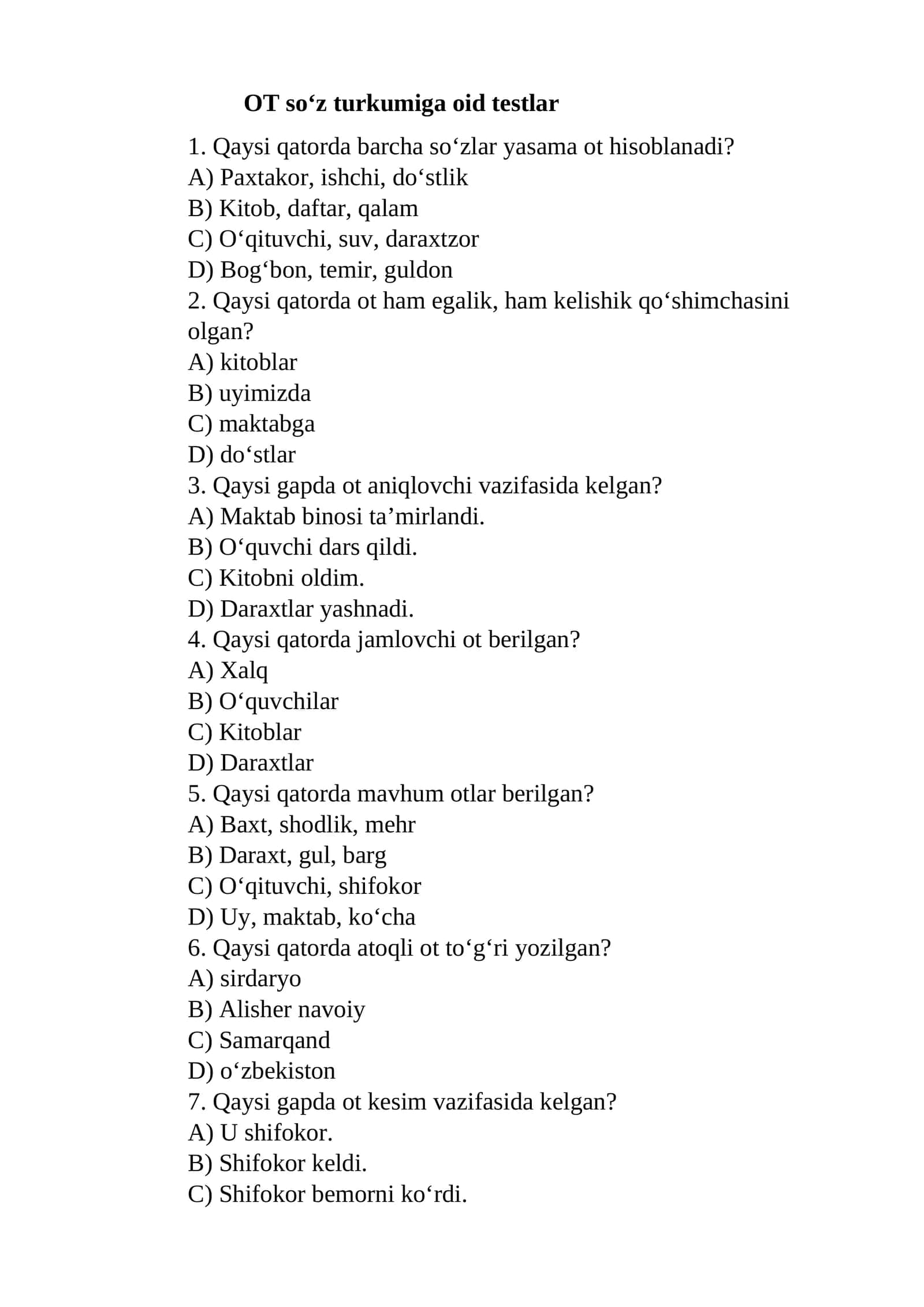 OT so‘z turkumiga oid testlar 1