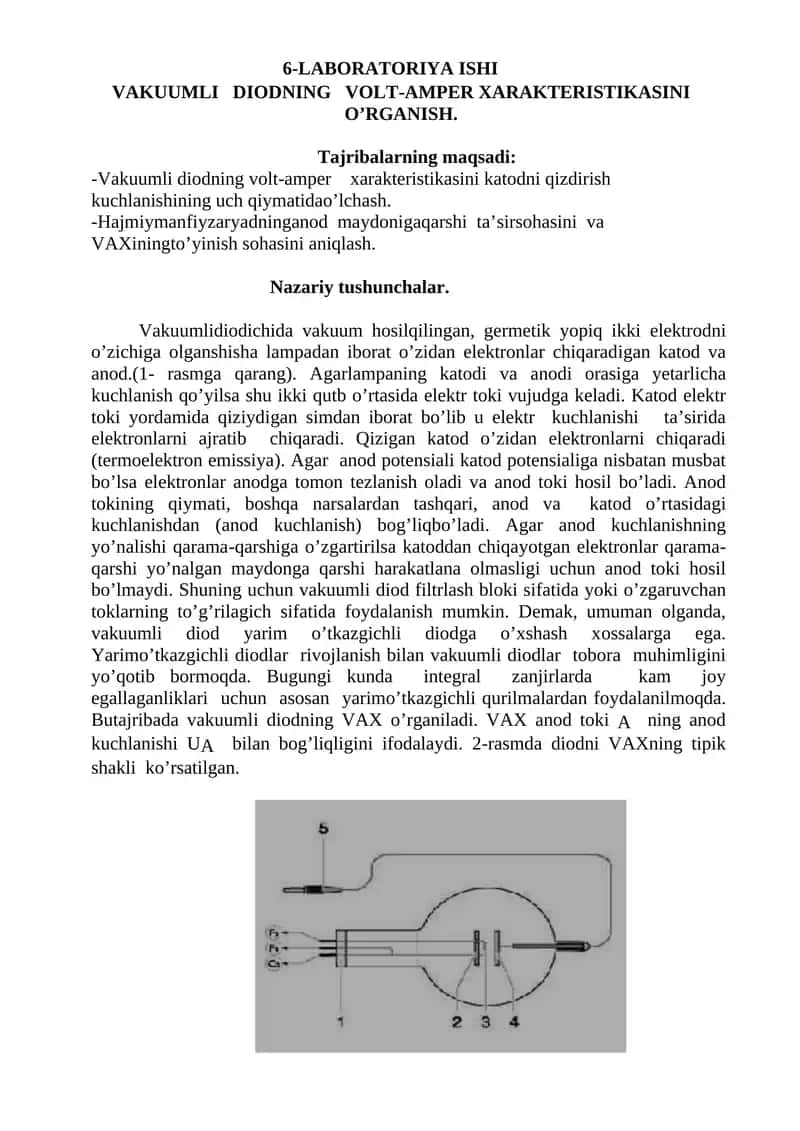 VAKUUMLI DIODNING VOLT-AMPER XARAKTERISTIKASINI O’RGANISH 1