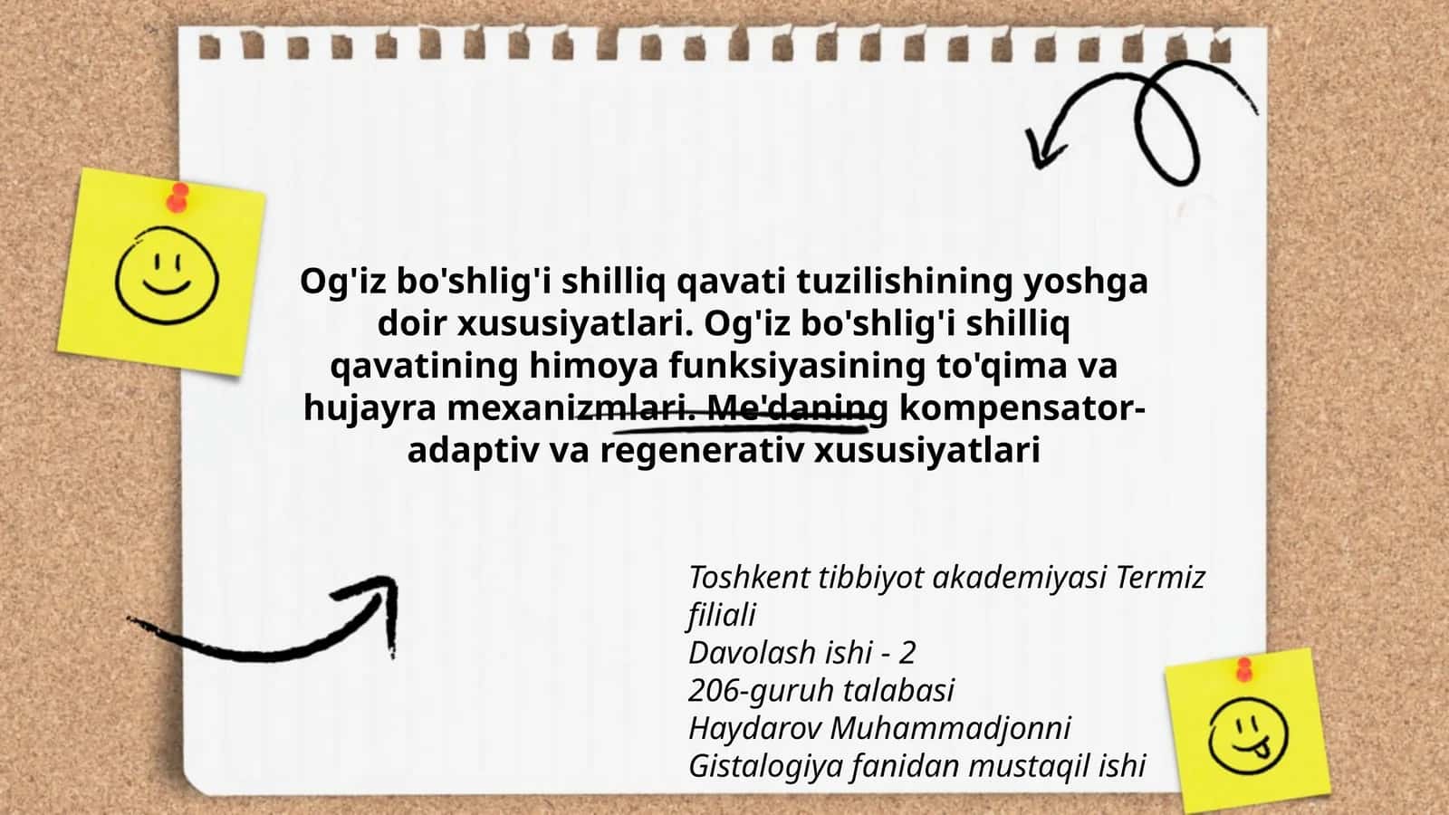 Og'iz bo'shlig'i shilliq qavati tuzilishining yoshga doir xususiyatlari. Og'iz bo'shlig'i shilliq qavatining himoya funksiyasining to'qima va hujayra mexanizmlari. Me'daning kompensator-adaptiv va regenerativ xususiyatlari 1