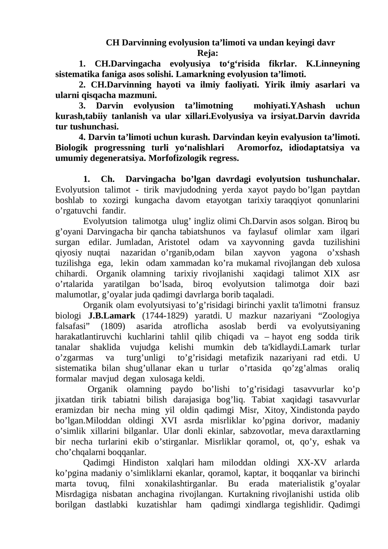 CH Darvinning evolyusion ta’limoti va undan keyingi davr 1
