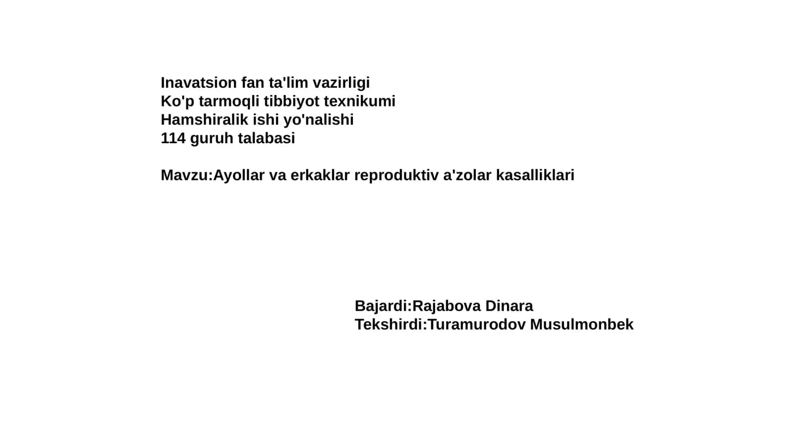 Ayollar va erkaklar reproduktiv a'zolar kasalliklari 1