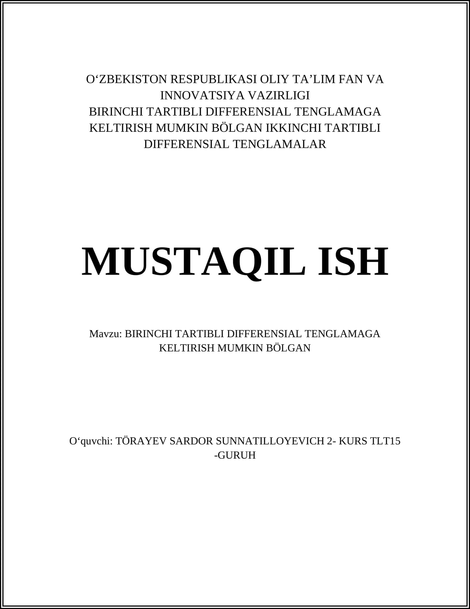 BIRINCHI TARTIBLI DIFFERENSIAL TENGLAMAGA KELTIRISH MUMKIN BÖLGAN 1
