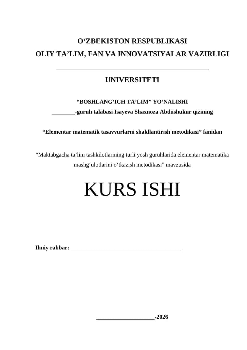Elementar matematik tasavvurlarni shakllantirish metodikasi 1
