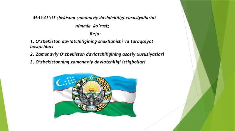 Oʻzbekiston zamonaviy davlatchiligi xususiyatlarini nimada ko’rasiz. 1