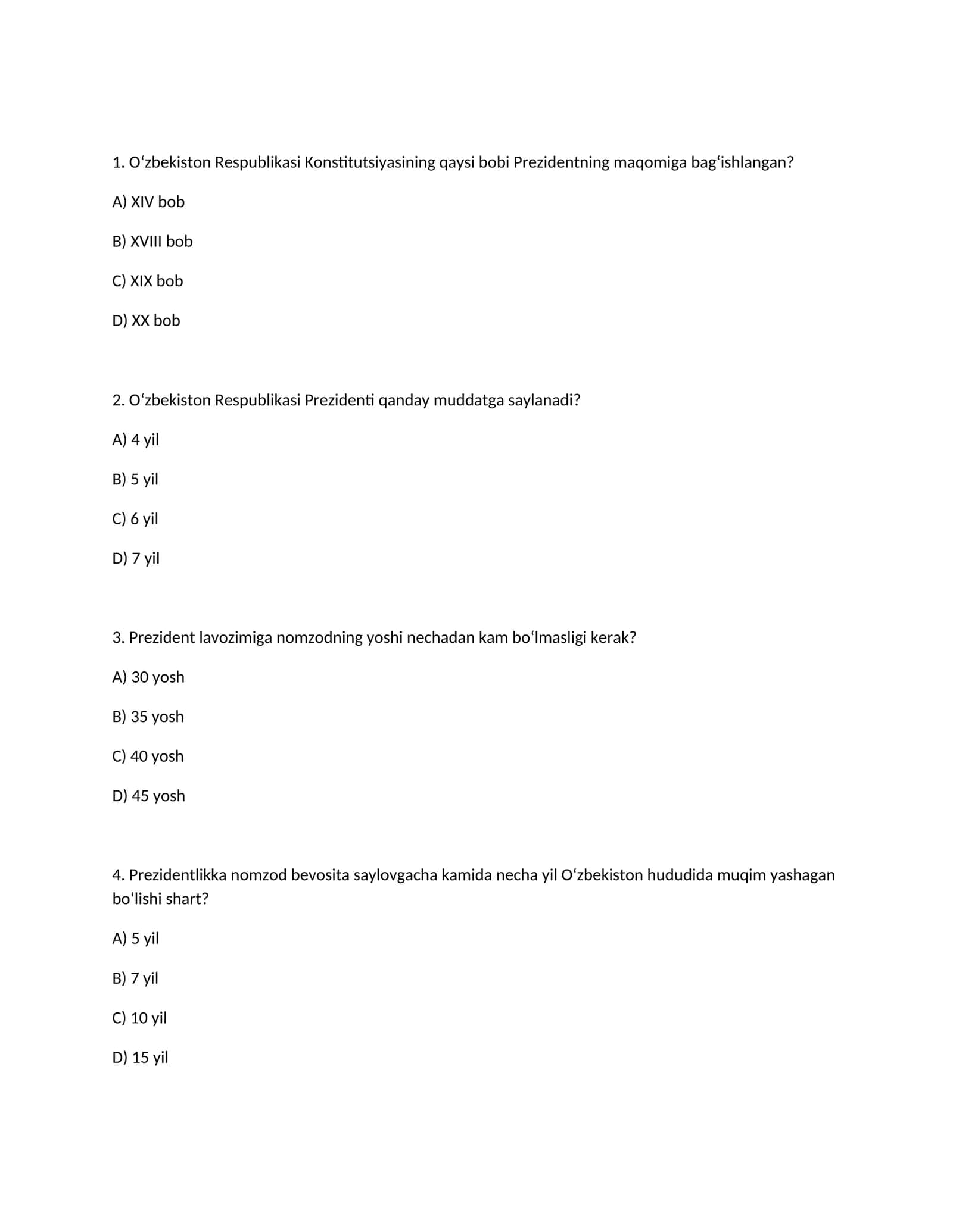 Oʻzbekiston Respublikasi Prezidentining maqomi va saylovi boʻyicha savol-javoblar 1