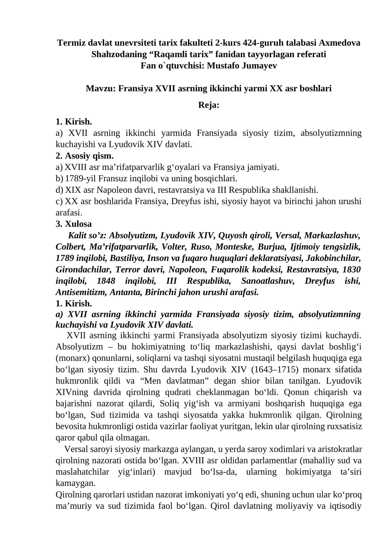 Fransiya XVII asrning ikkinchi yarmi XX asr boshlari 1