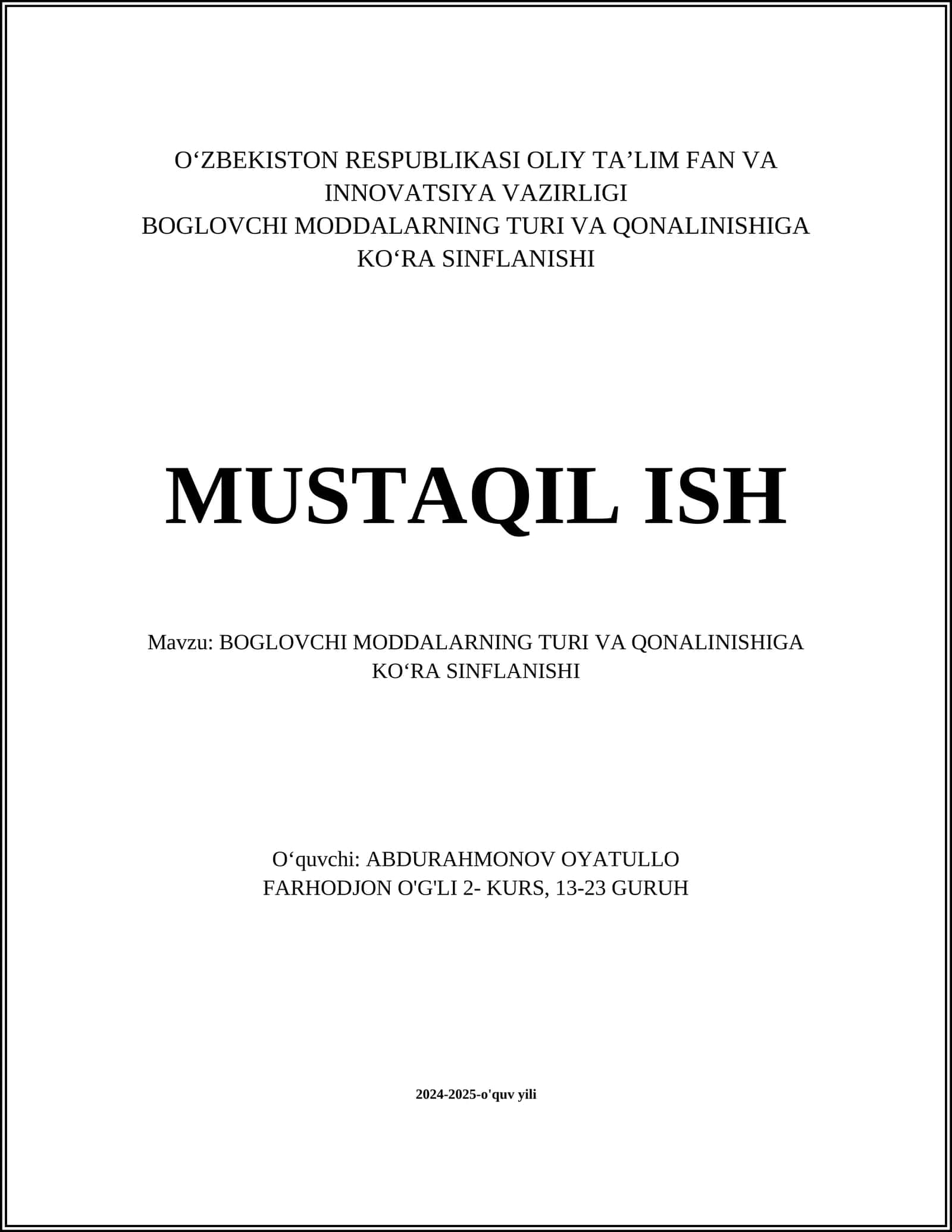 BOGLOVCHI MODDALARNING TURI VA QONALINISHIGA KOʻRA SINFLANISHI 1