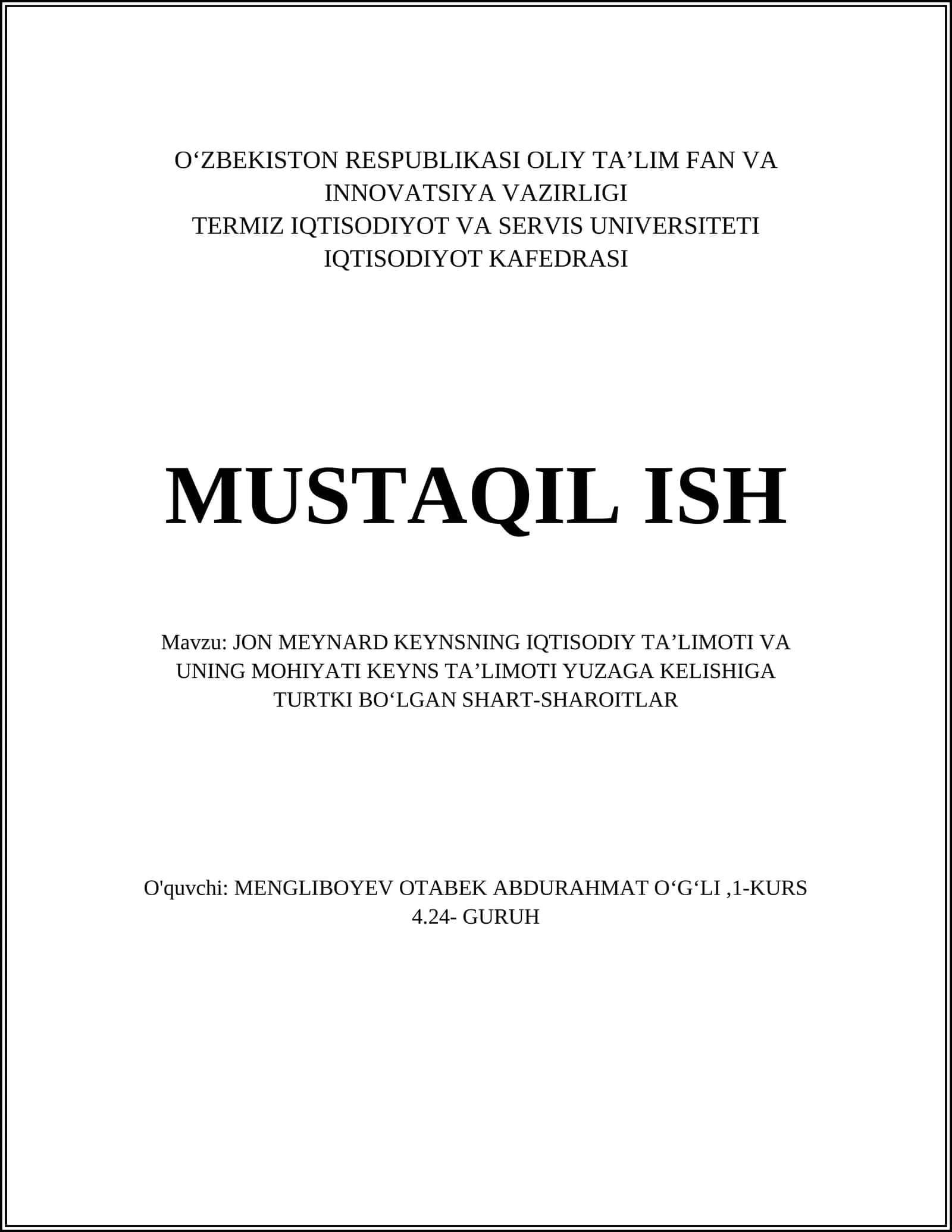 JON MEYNARD KEYNSNING IQTISODIY TAʼLIMOTI VA UNING MOHIYATI KEYNS TAʼLIMOTI YUZAGA KELISHIGA TURTKI BOʻLGAN SHART-SHAROITLAR 1